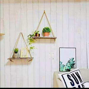 Farmhouse Floating Wall Shelves with Natural Rope - Set of 2